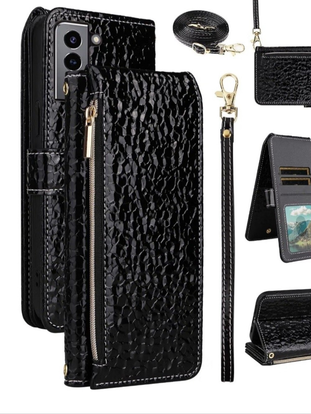 Samsung S21 Phone Black Luxury Wallet Case w/Wrist & Shoulder Straps, NWT